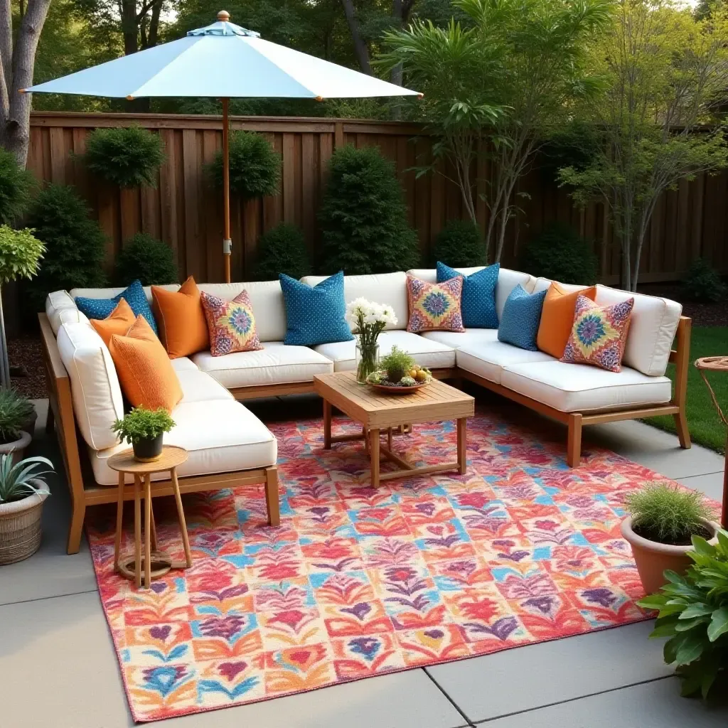 a photo of a concrete patio transformed with colorful outdoor rugs and vibrant cushions