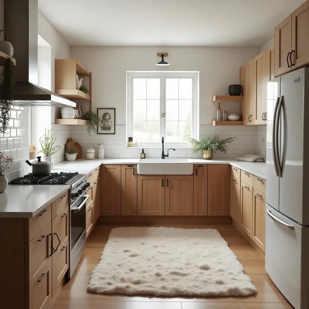 a photo of a cozy kitchen with a fluffy area rug in front of the sink