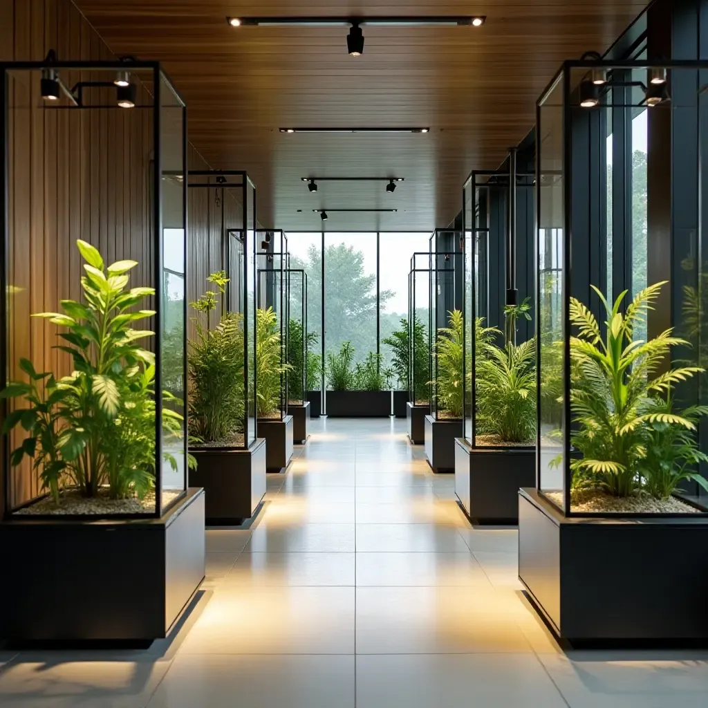 a photo of a modern corridor with a series of plant terrariums