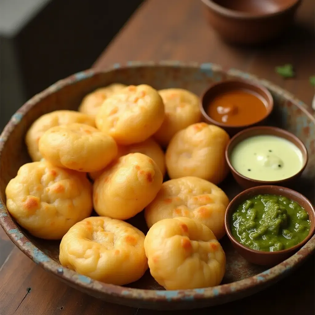 a photo of Pani Puri with vibrant green and brown chutneys, served on a rustic street cart.