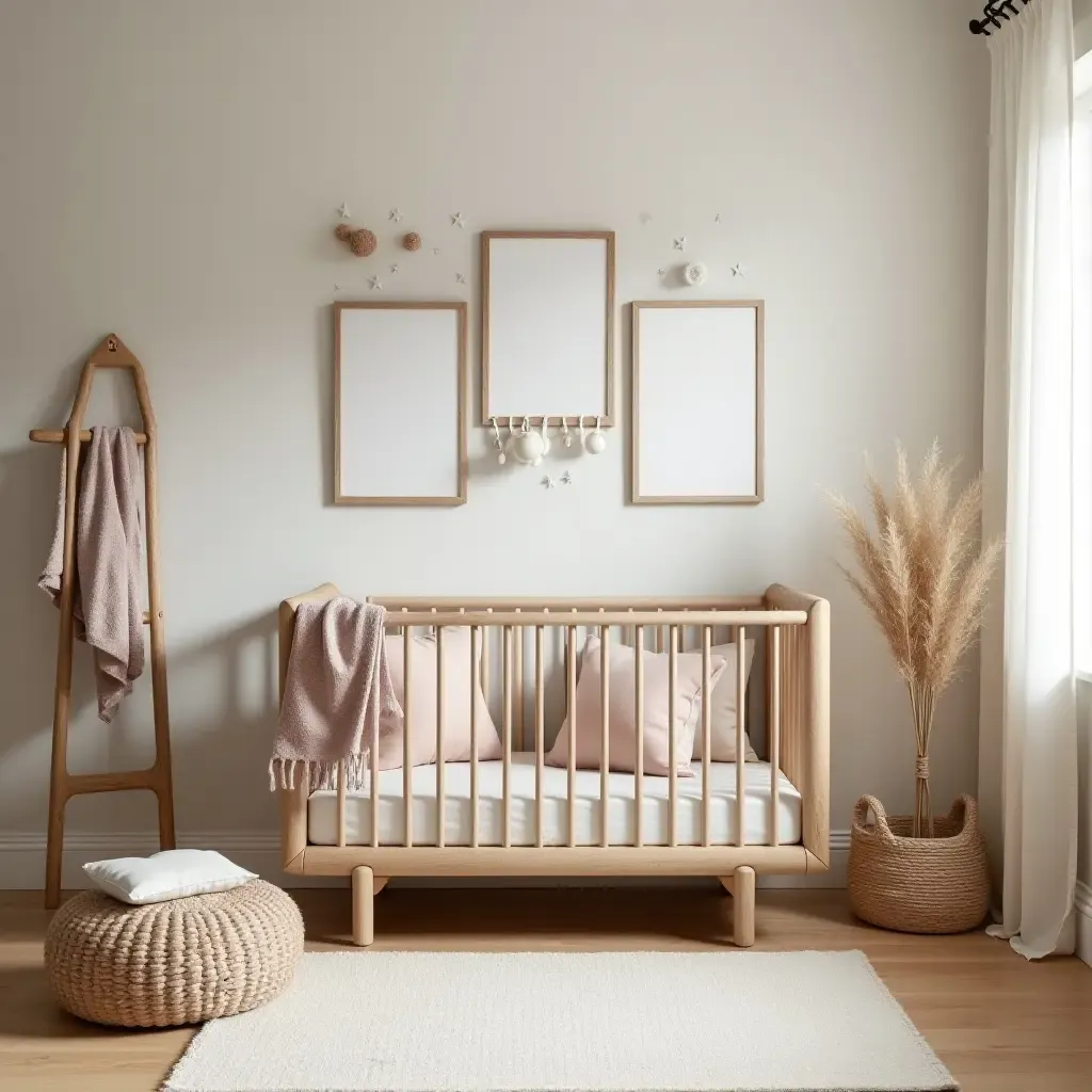 a photo of a gender-neutral nursery with earthy tones and organic textures