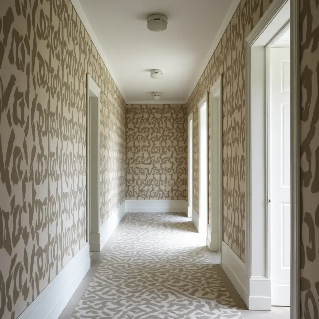 a photo of a stylish corridor with patterned wallpaper