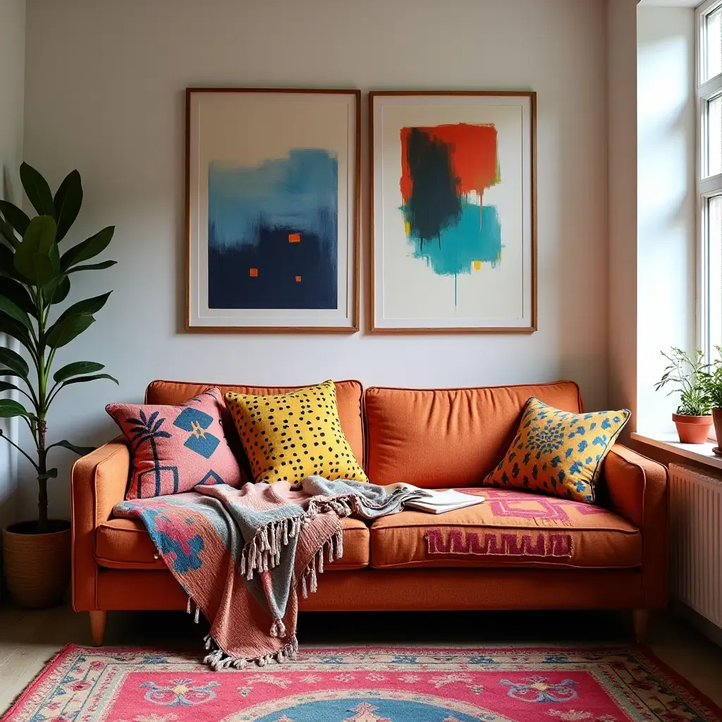 a photo of a vibrant sofa surrounded by eclectic throw blankets and art pieces