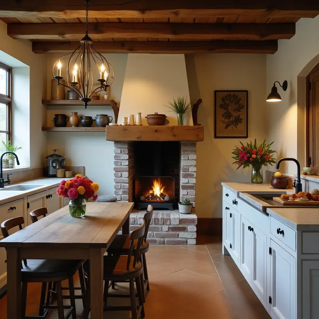 a photo of a cozy kitchen with a fireplace and rustic decor elements