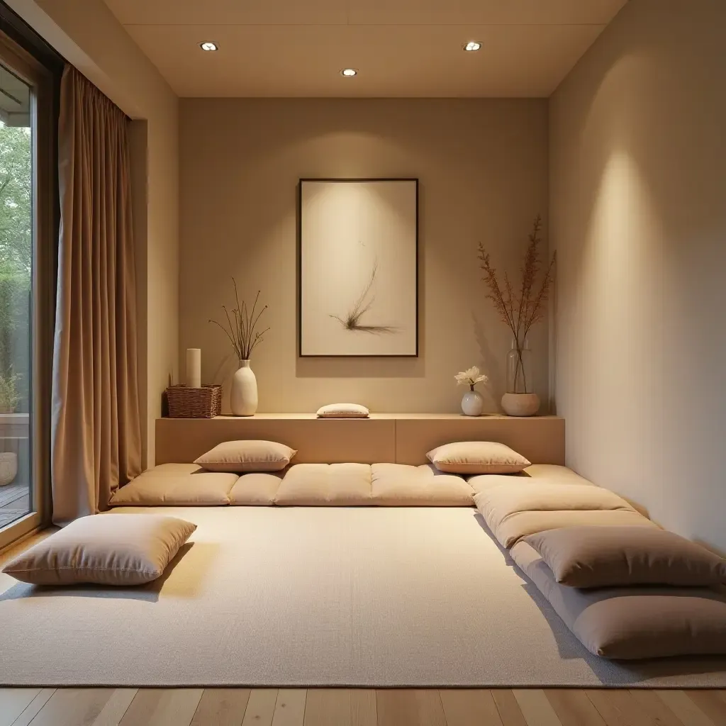 a photo of a basement meditation space with soft cushions and serene decor