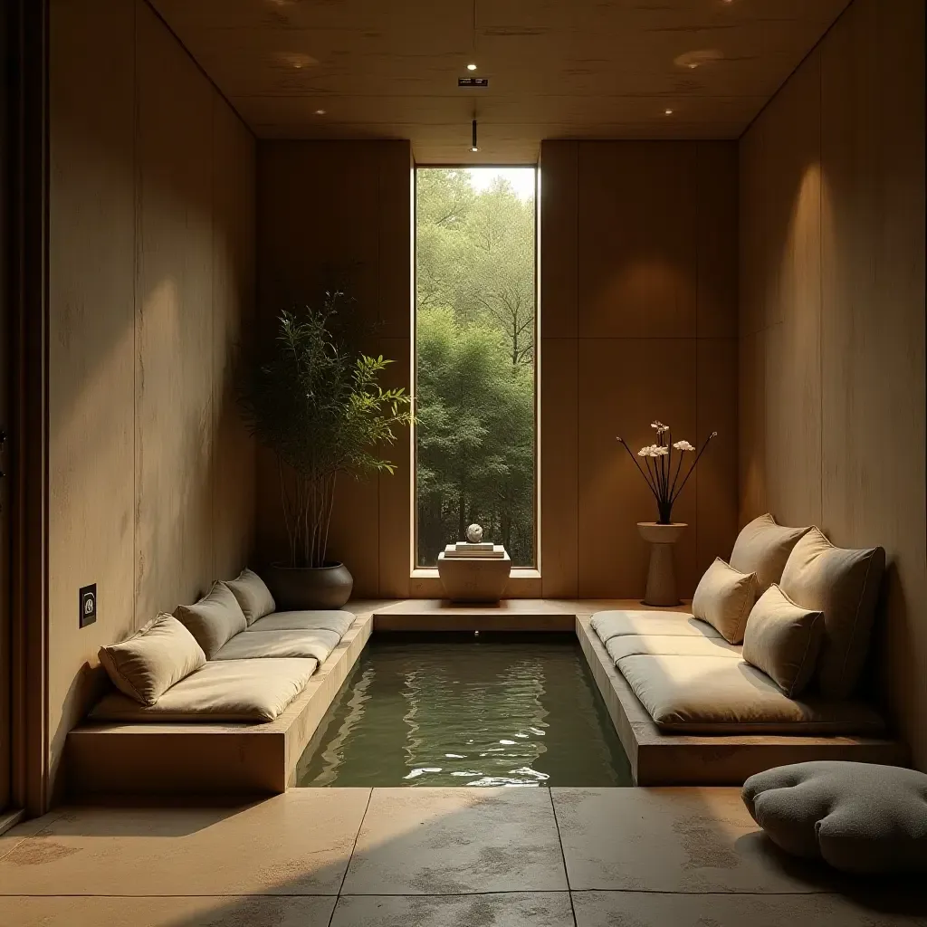 a photo of a serene meditation nook with a water feature and comfortable seating