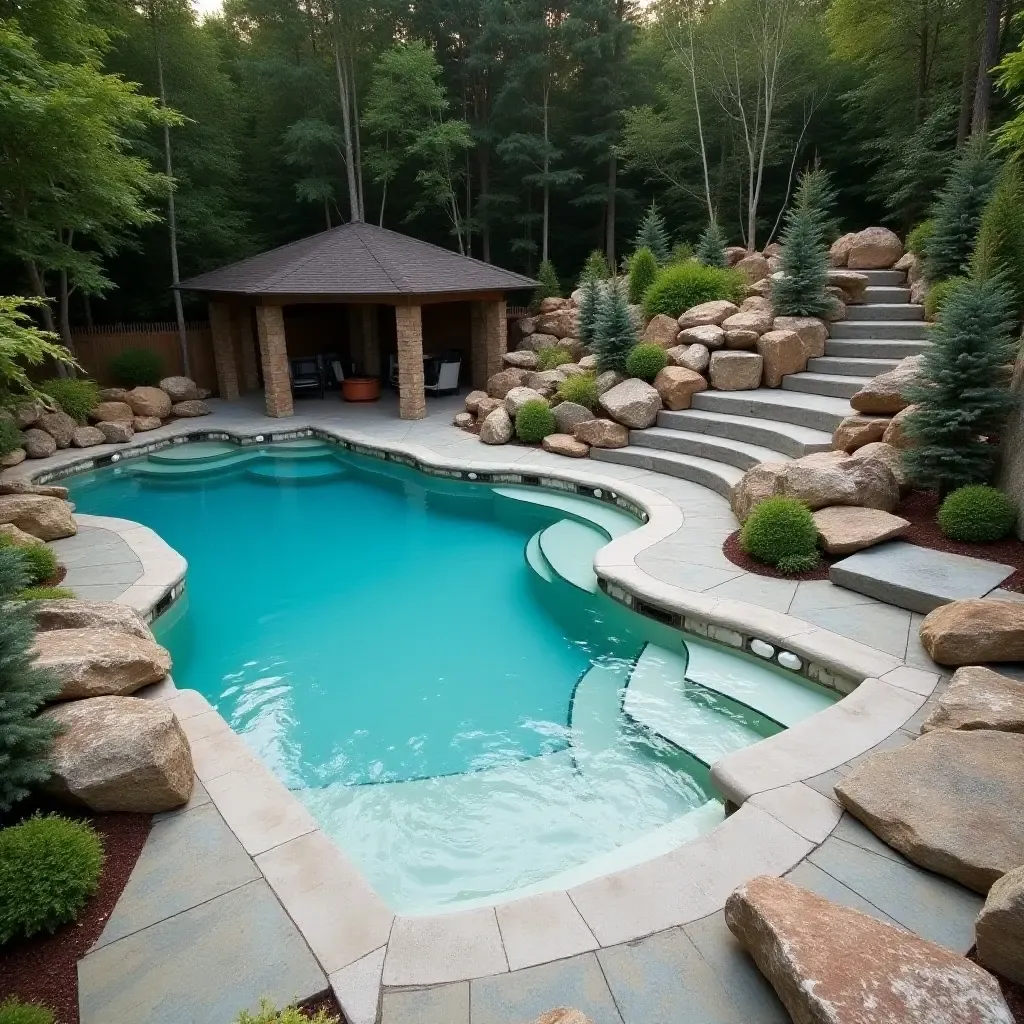 a photo of a concrete pool surrounded by rugged stone pathways