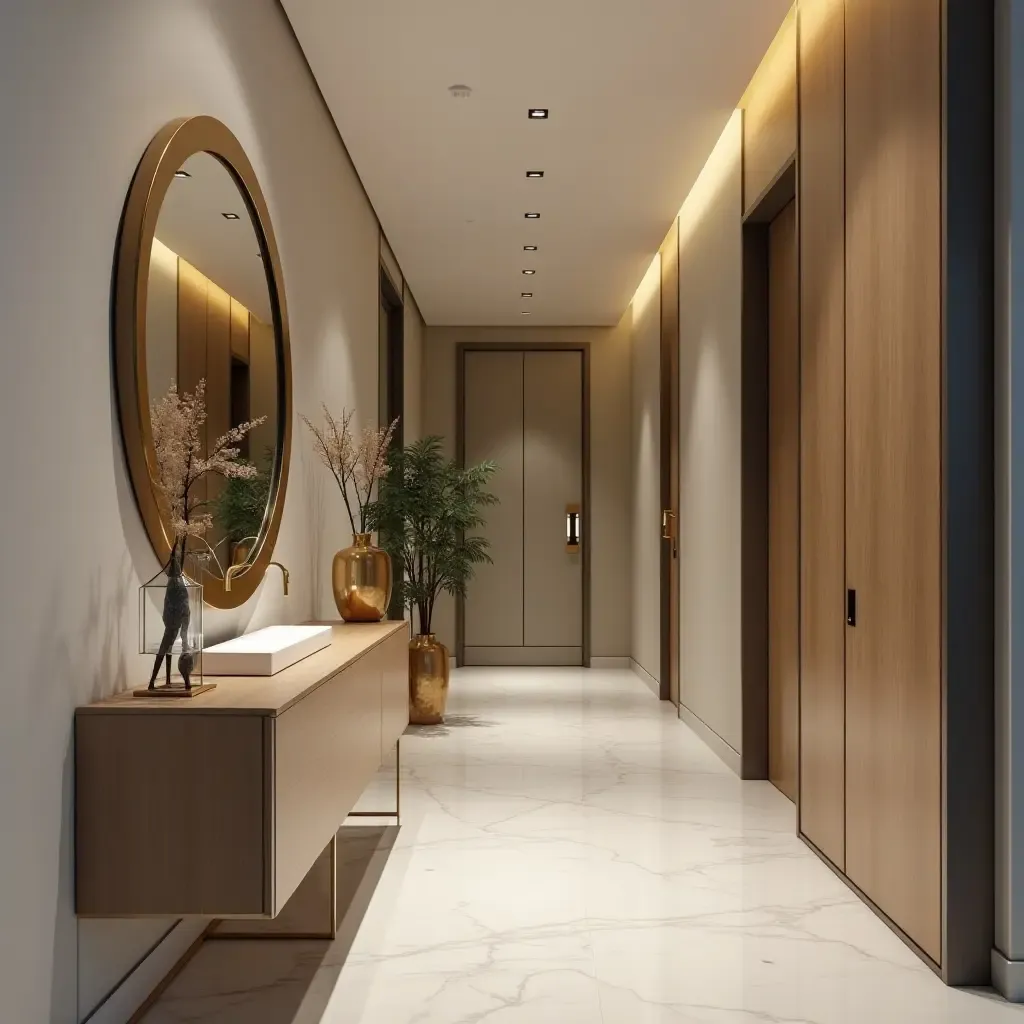 a photo of an entrance hall with a stylish mirror and lighting