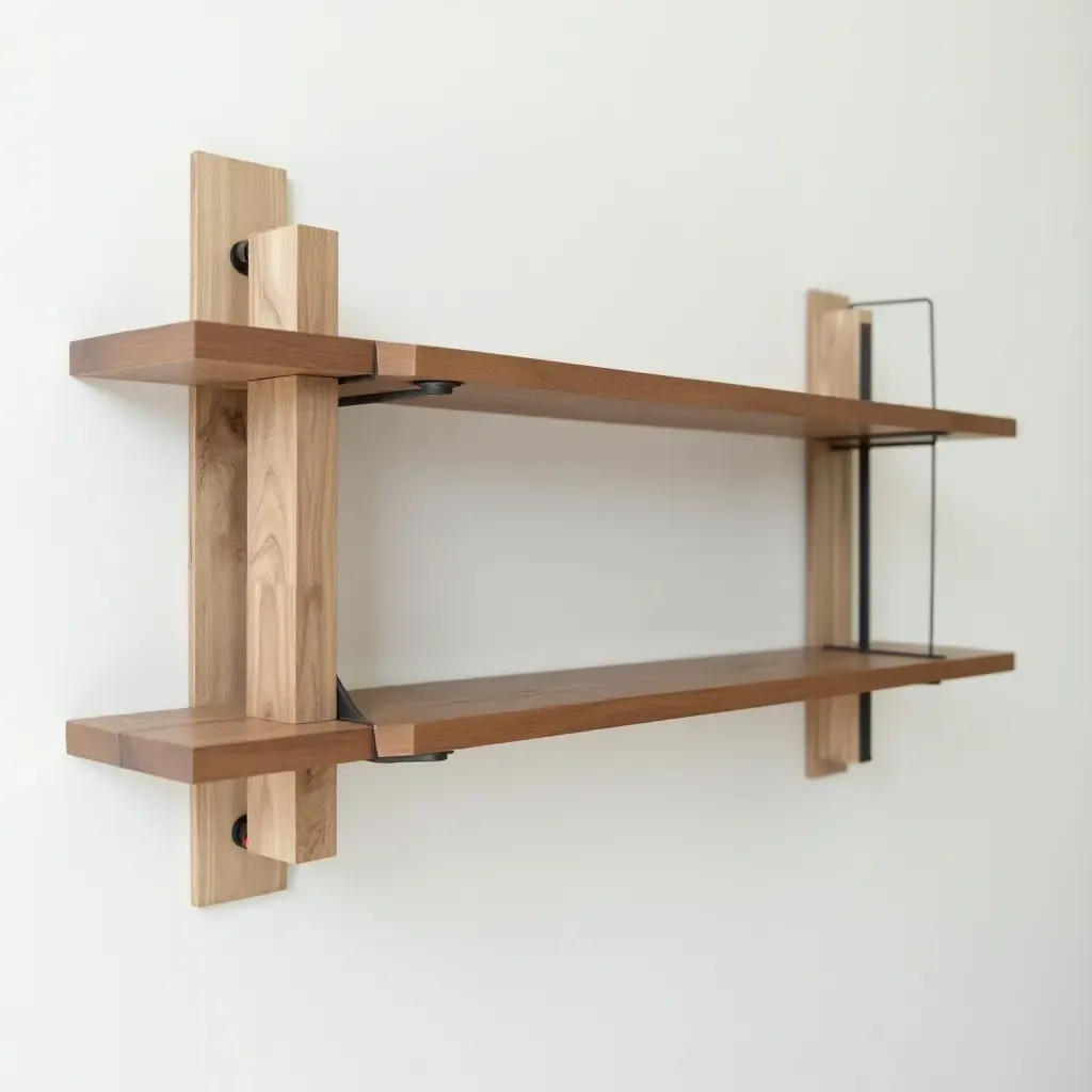 a photo of a unique wall-mounted shelf made of wood and metal