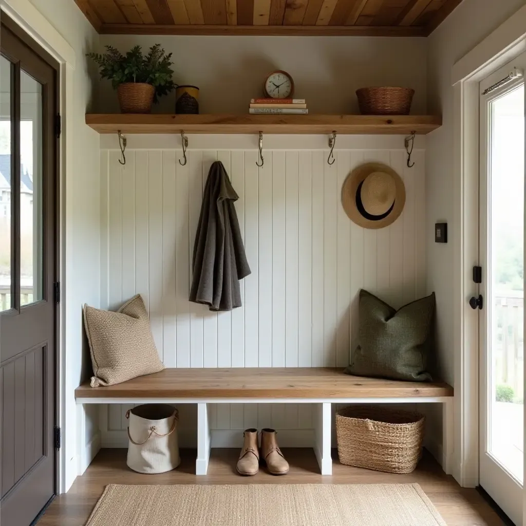 a photo of a rustic mudroom with practical storage and cozy decor