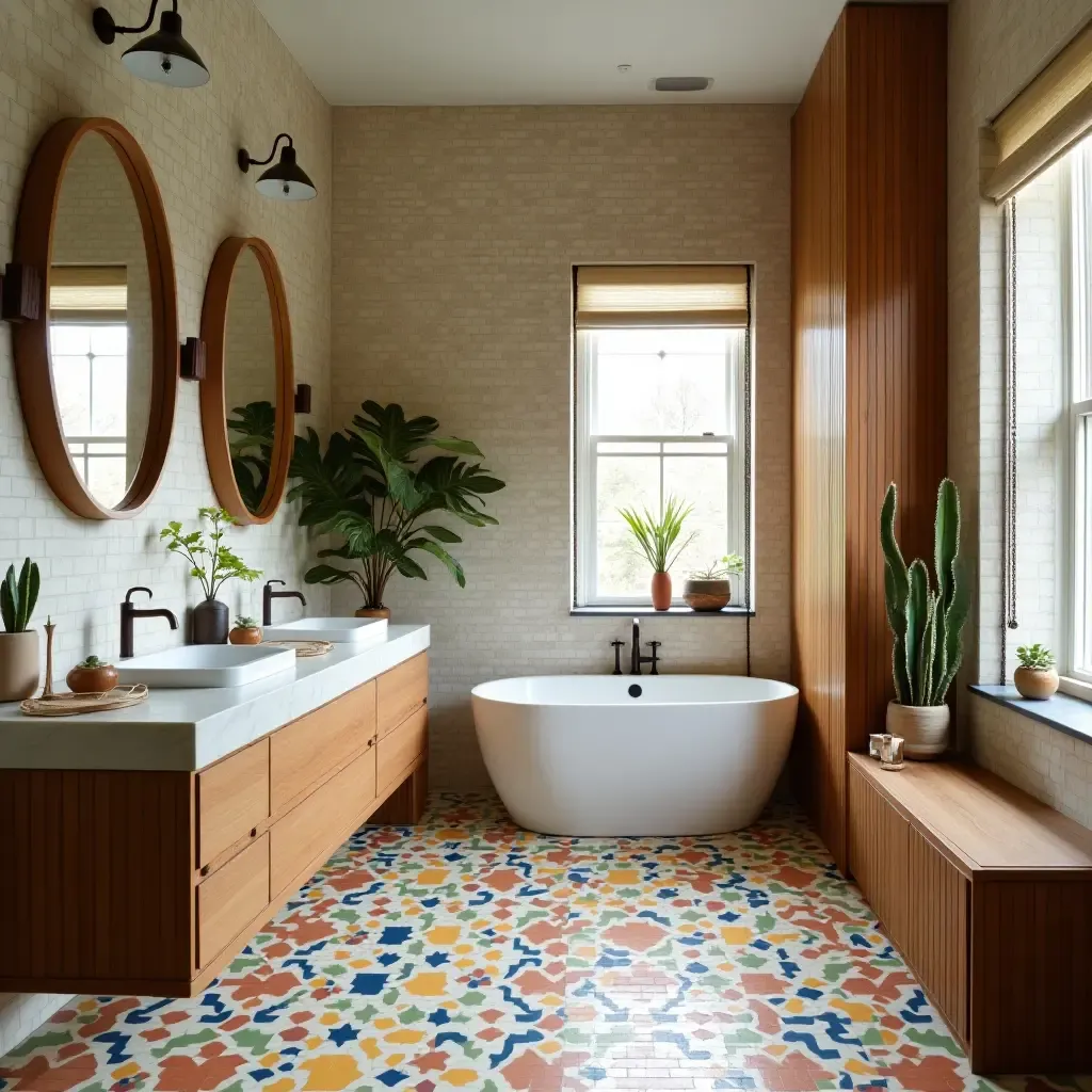 a photo of a vibrant bathroom with colorful encaustic tiles and wooden elements