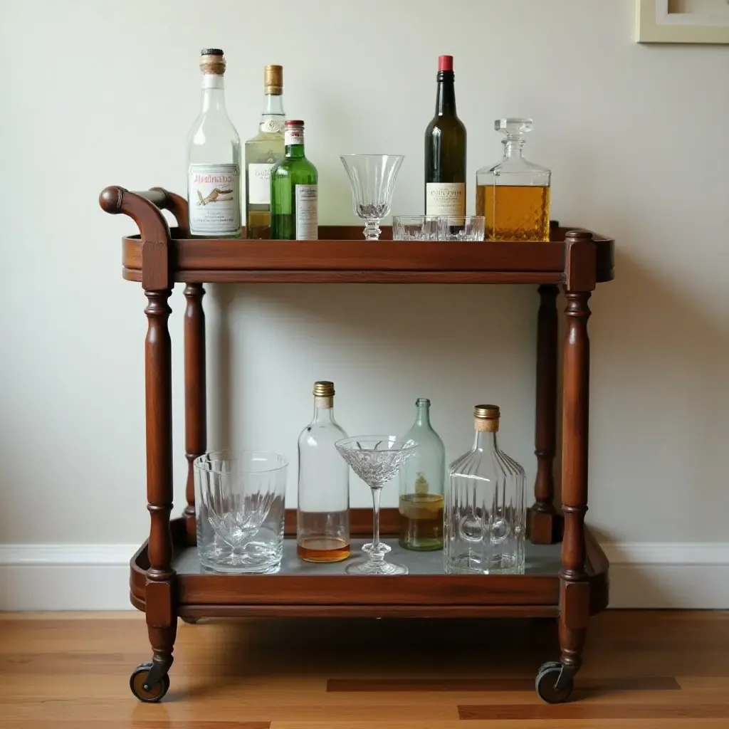 a photo of a stylish bar cart with vintage glassware and bottles