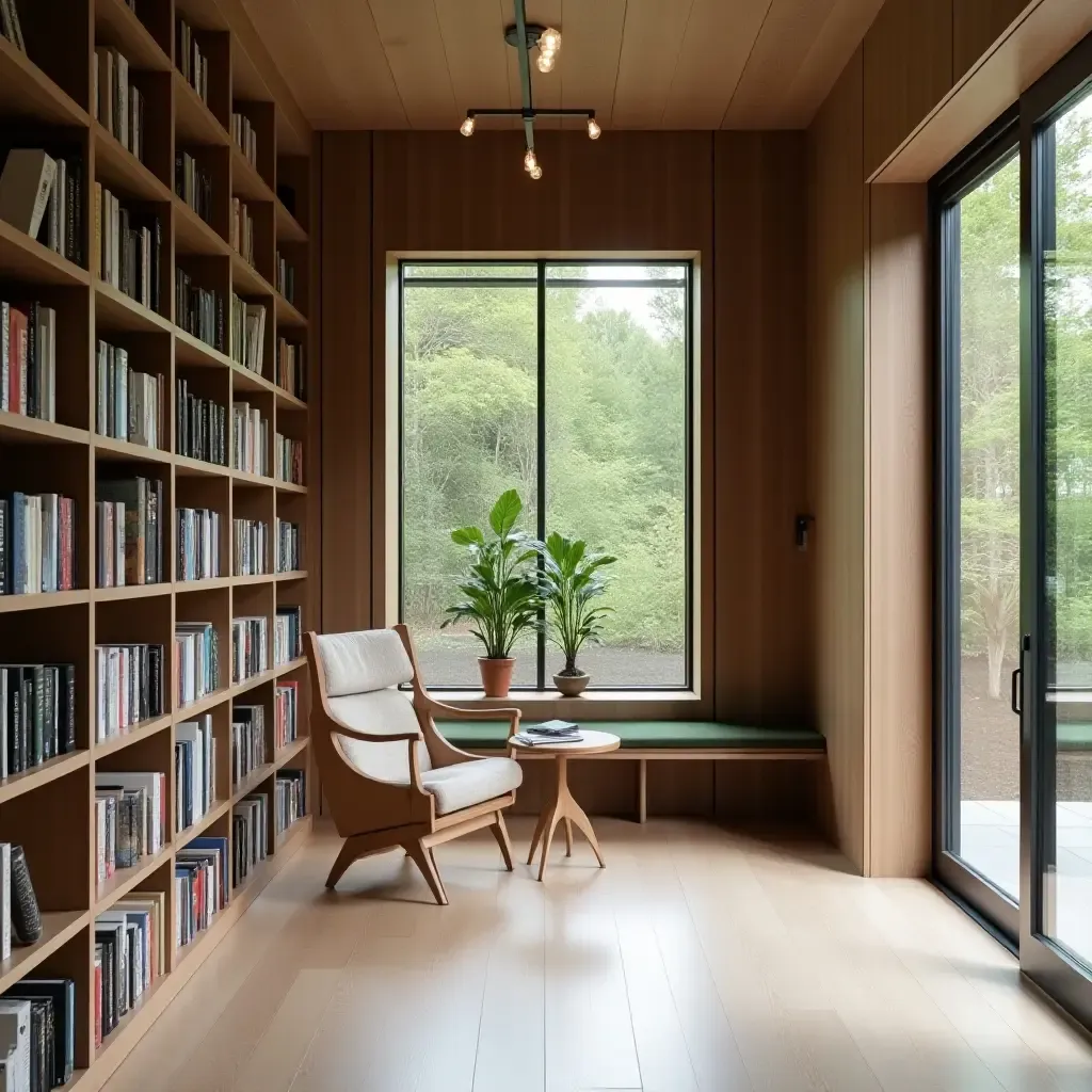 a photo of a minimalist library with floor-to-ceiling bookshelves and natural light