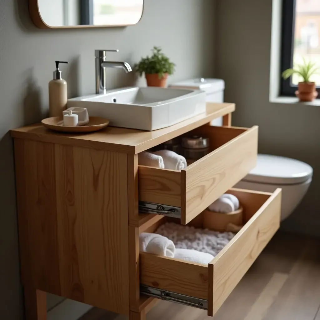 a photo of a wooden drawer unit for storing bathroom supplies