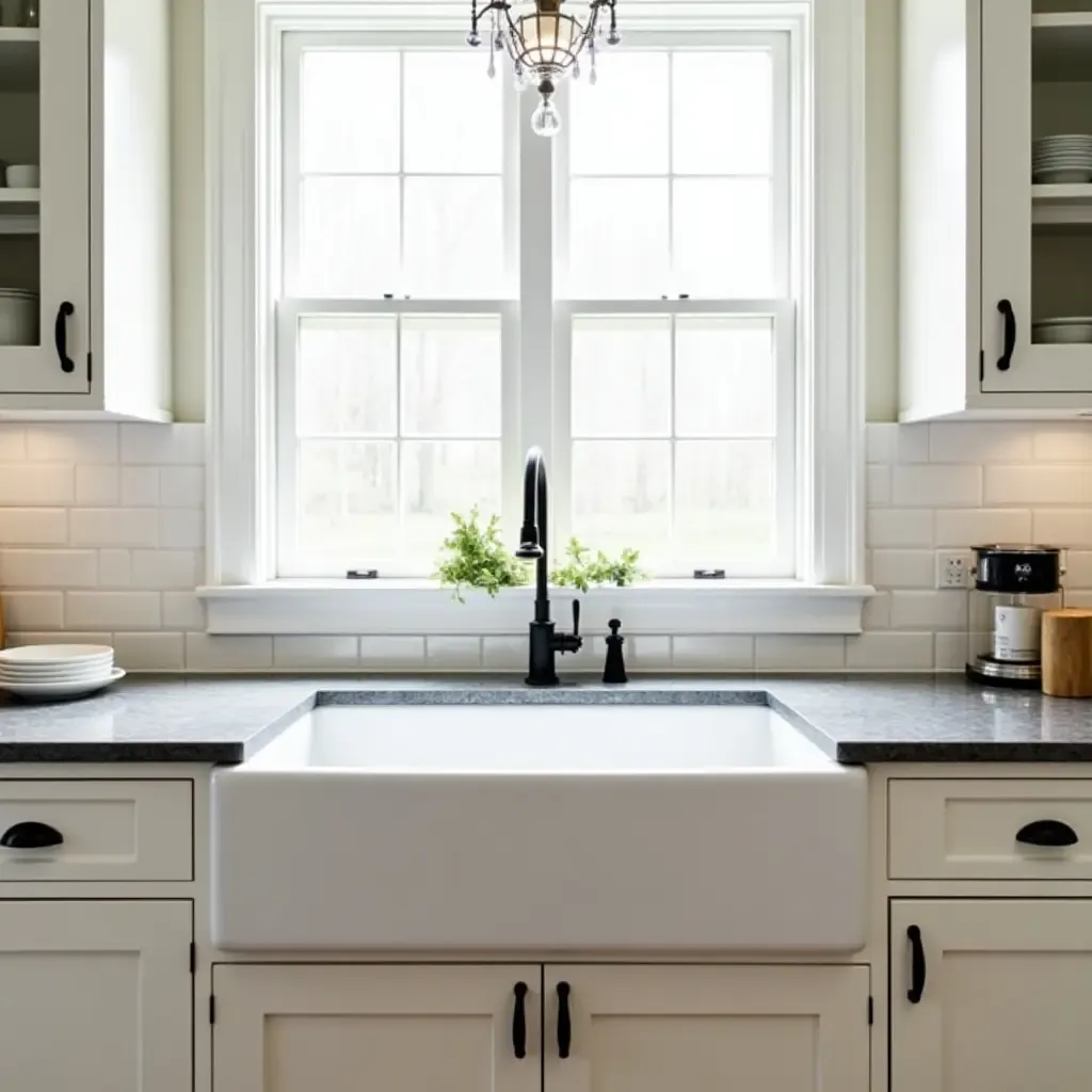 a photo of a kitchen with a large farmhouse sink and vintage faucet