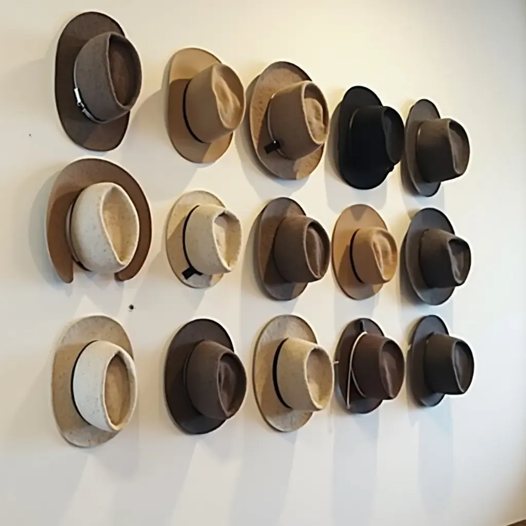 a photo of a creative wall-mounted display for hats