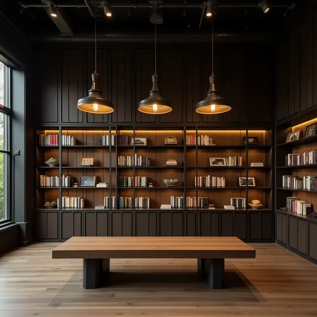 a photo of a library with industrial pendant lights and a wooden bench