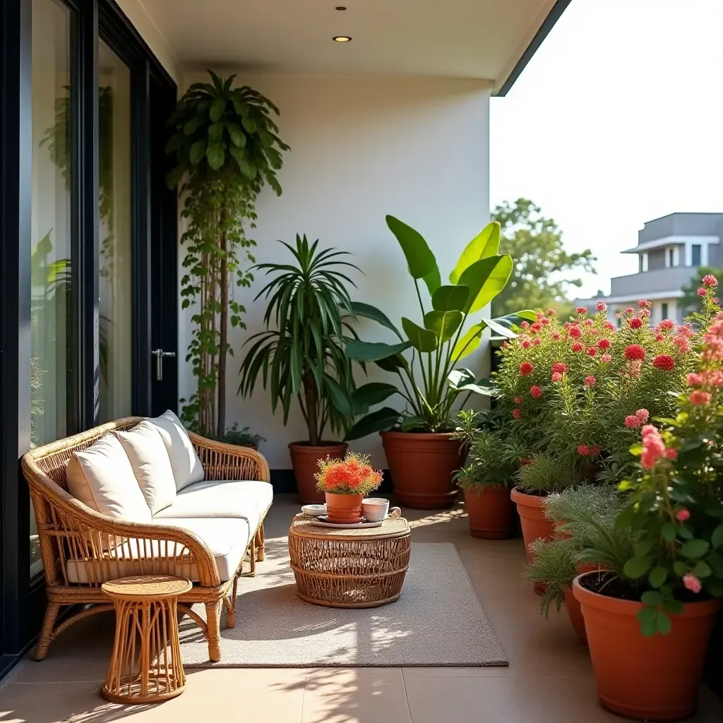 a photo of a chic balcony adorned with colorful potted plants and stylish furniture