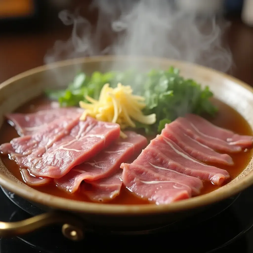 a photo of a steaming shabu-shabu hot pot with thinly sliced beef and fresh vegetables.