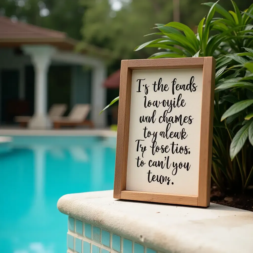 a photo of a wooden sign with inspirational quotes by the pool