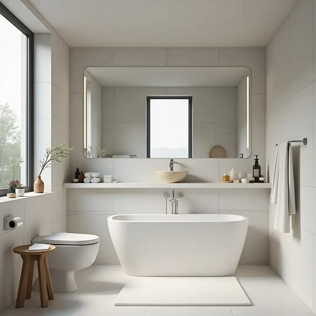 a photo of a modern bathroom with sleek lines and a minimalist design