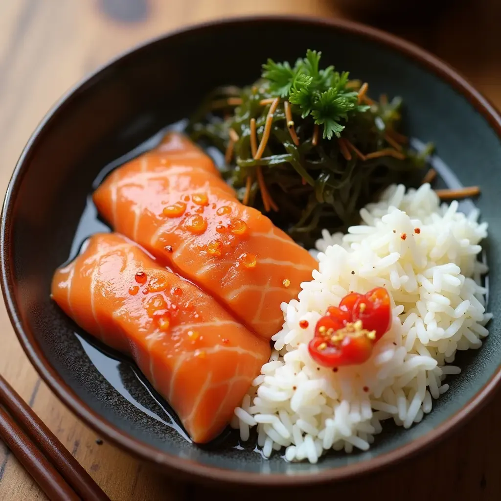 a photo of a colorful Japanese breakfast with grilled salmon, rice, and a side of seaweed salad.