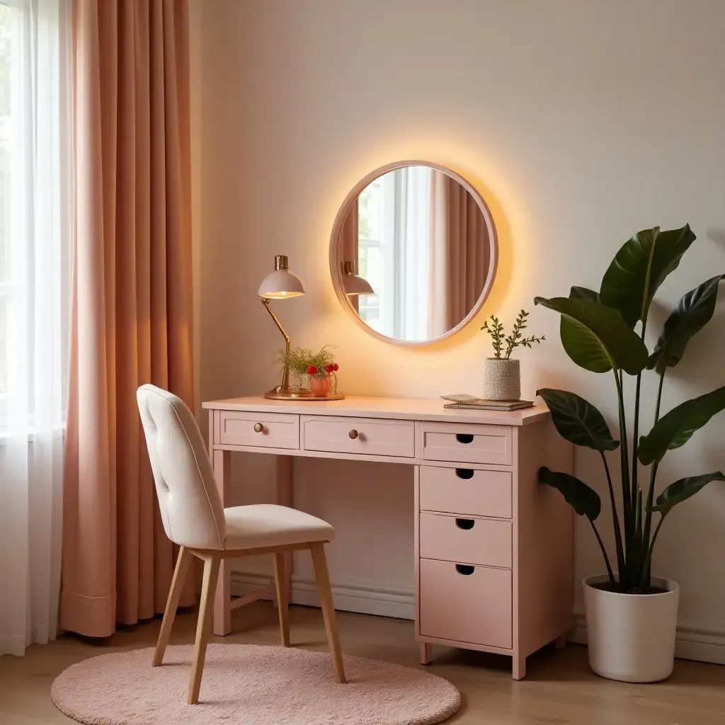 a photo of a retro vanity with a mirror in a chic teen&#x27;s room