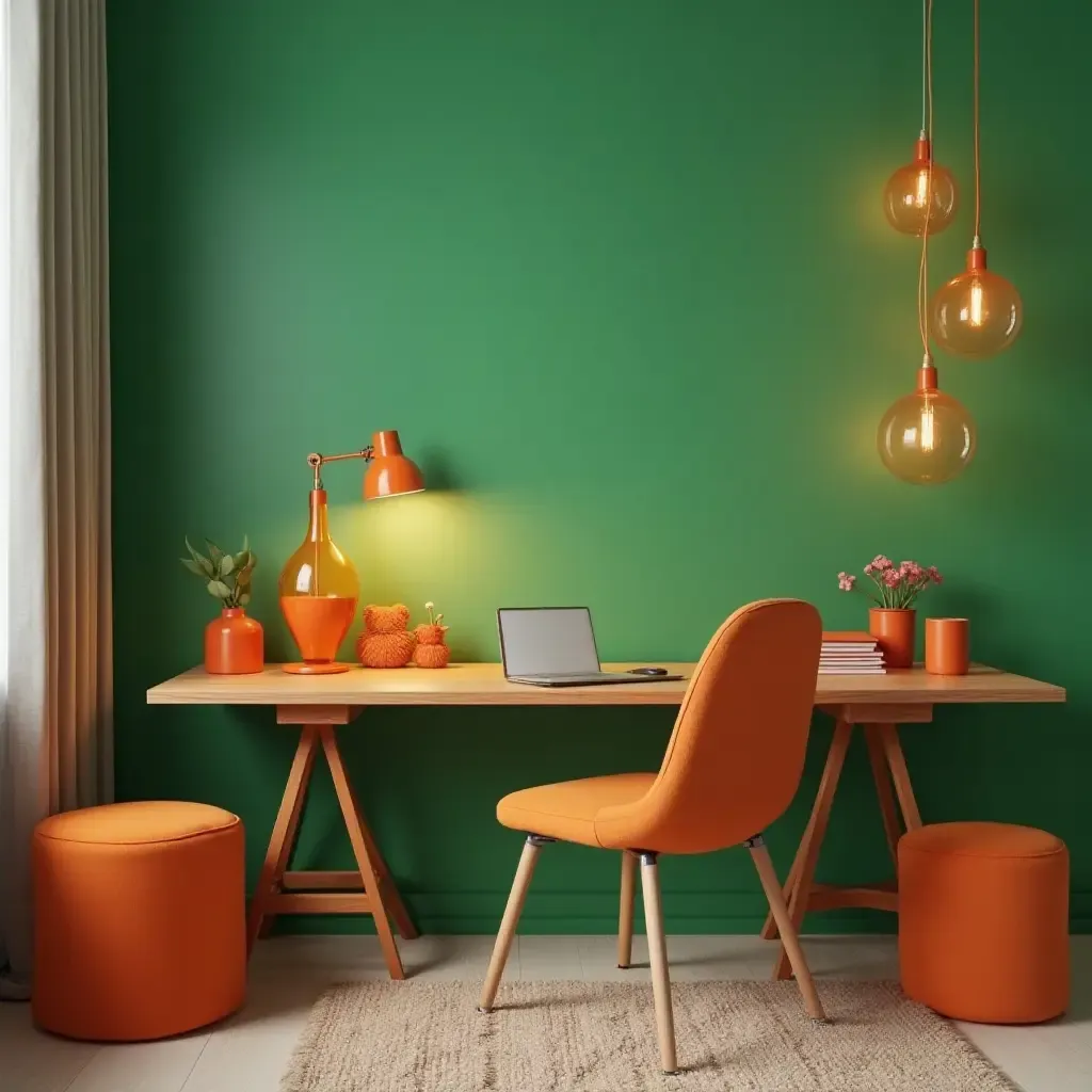 a photo of a workspace with green walls and orange desk accessories for energy