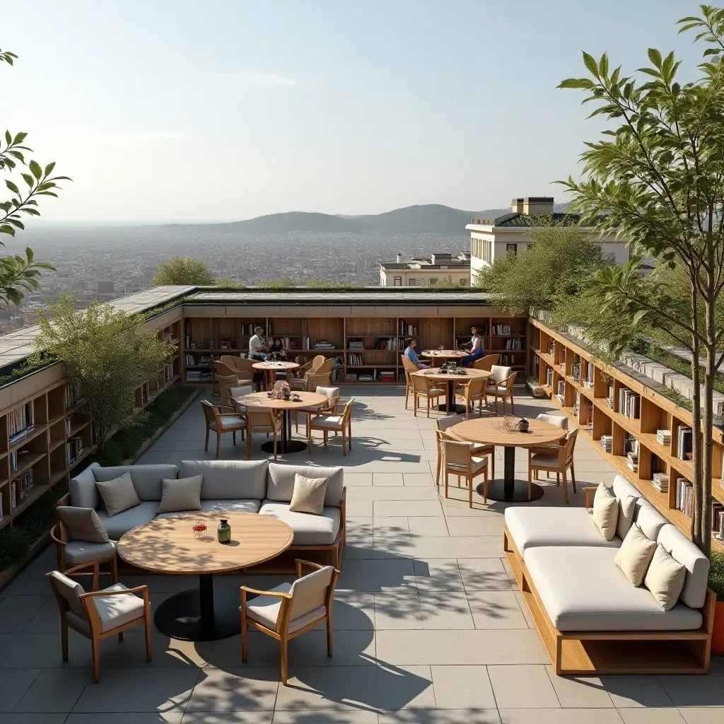 a photo of a library featuring a rooftop terrace for reading and events