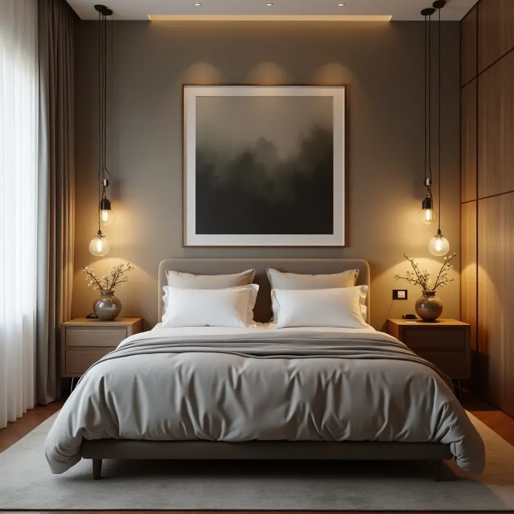 a photo of a stylish bedroom with pendant lights that enhance the overall decor