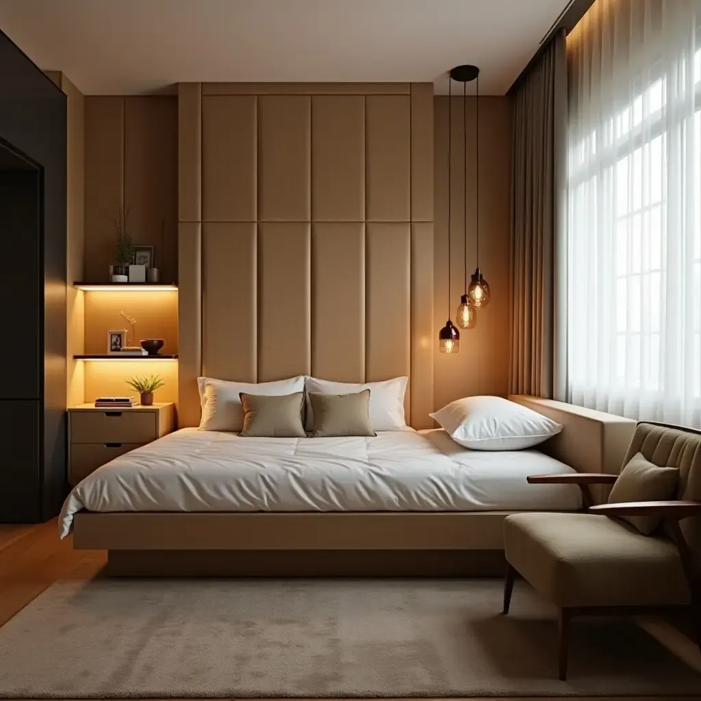 a photo of a small living room designed with a pull-out bed and clever lighting fixtures