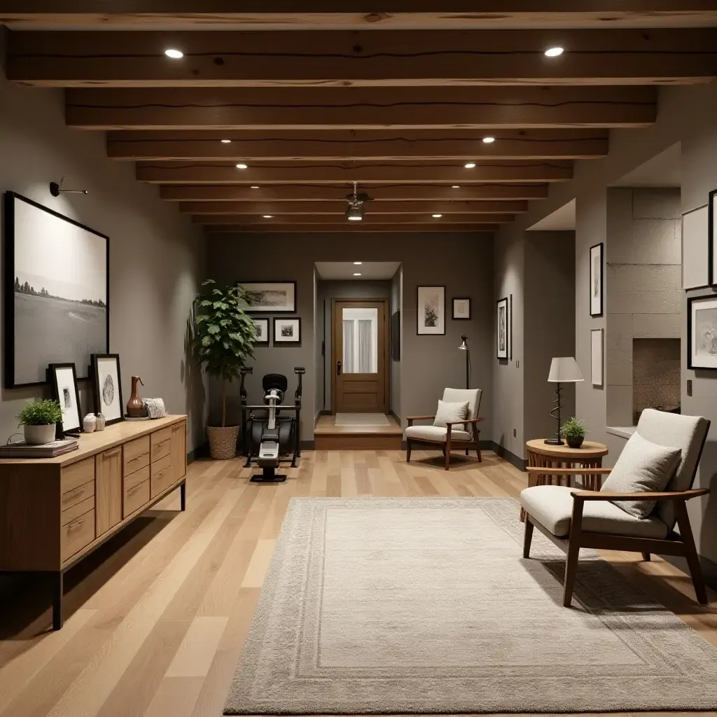 a photo of a basement home gym with rustic farmhouse decor and wooden accents