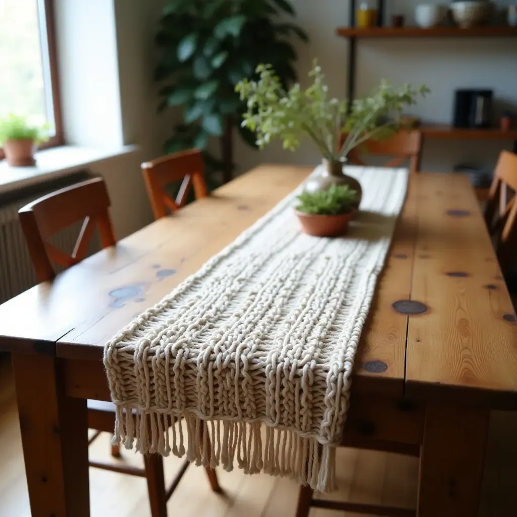 a photo of a knitted table runner on a rustic kitchen table