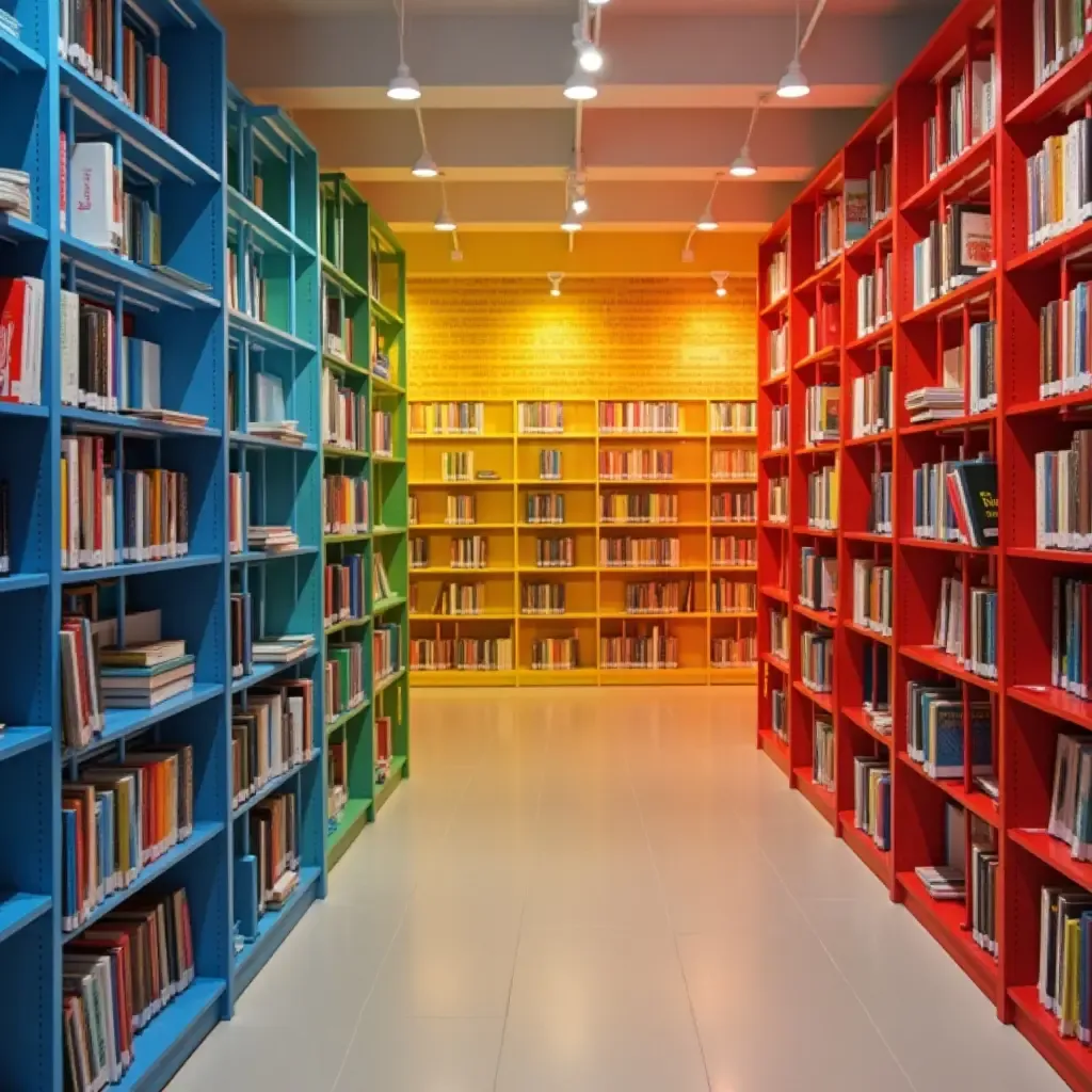 a photo of a bright library with rainbow-colored books arranged by color