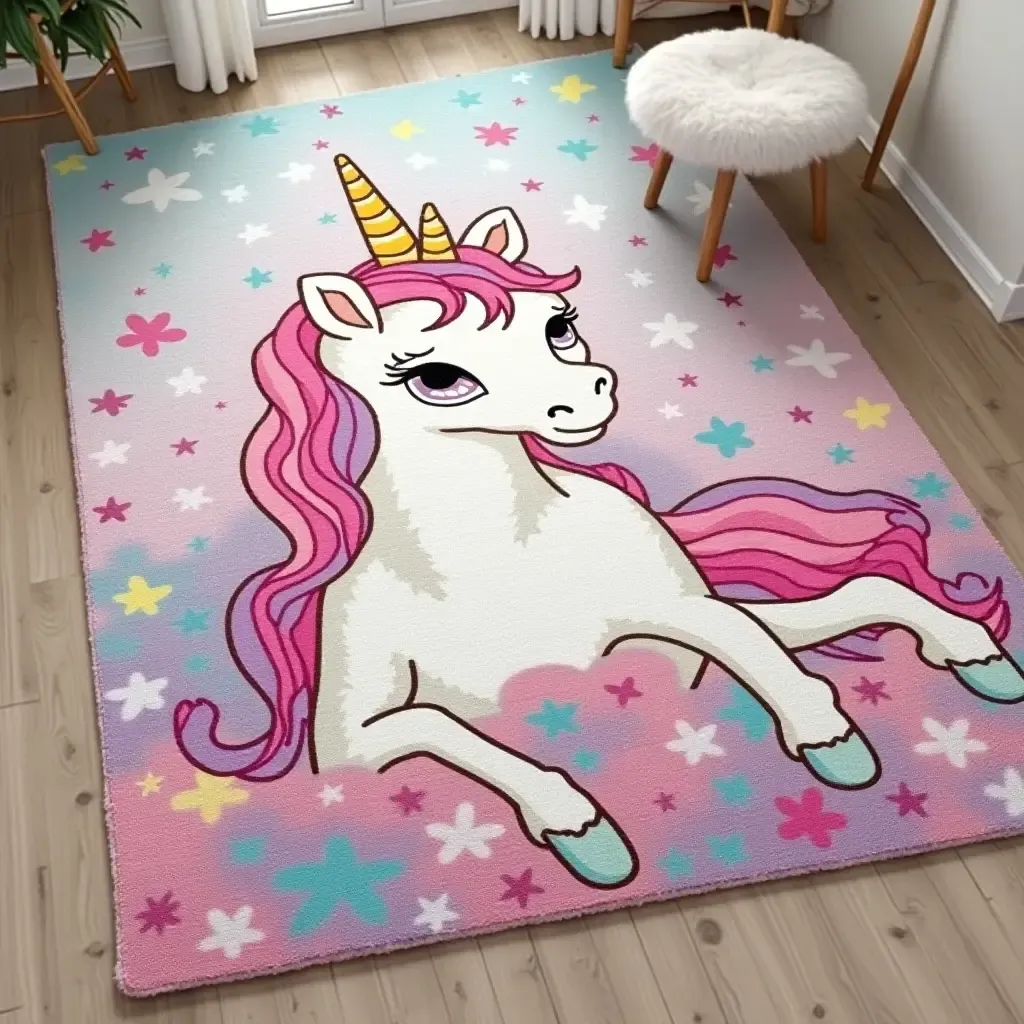 a photo of a rug with a whimsical unicorn design in pastel colors