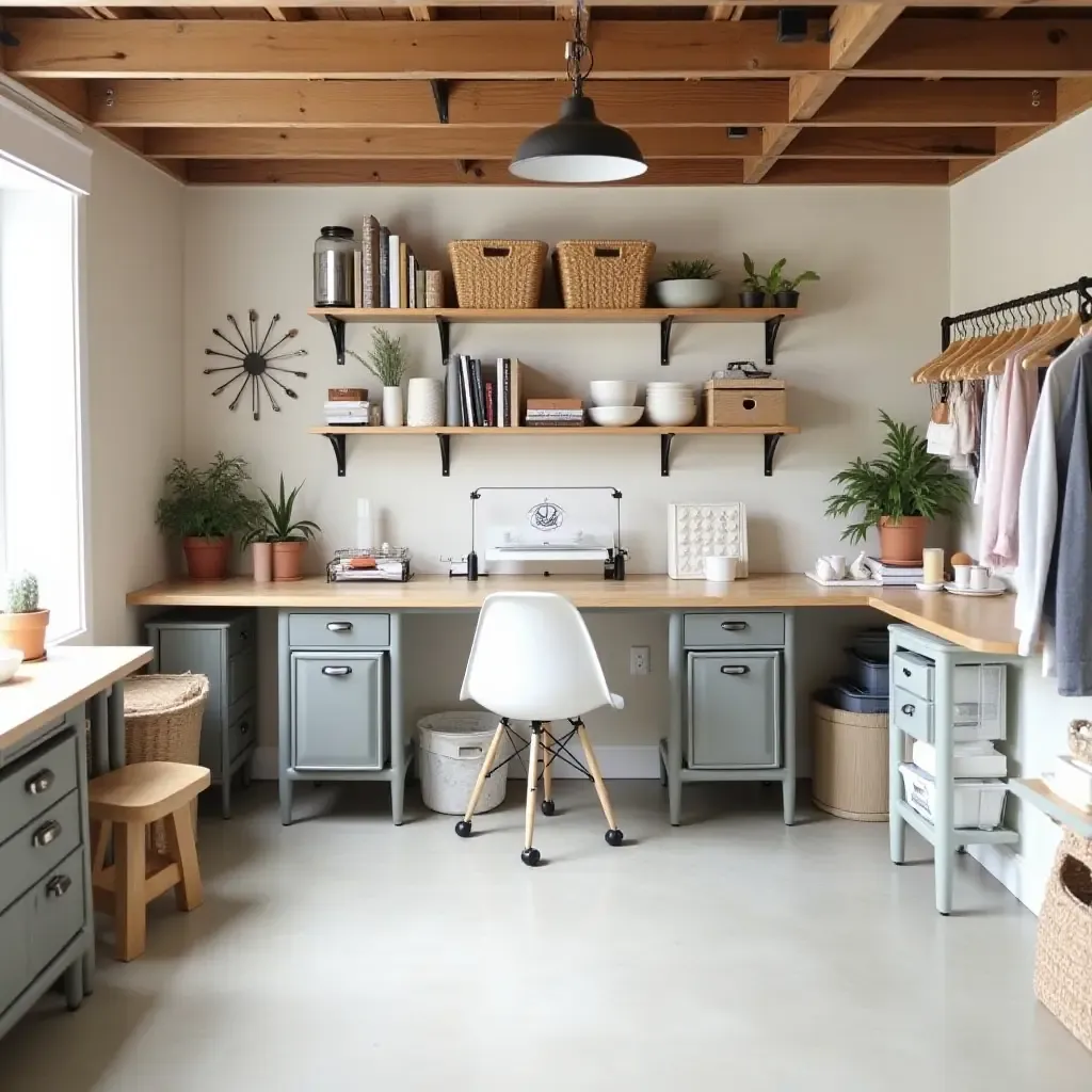 a photo of a basement crafting area featuring farmhouse-style organization and supplies