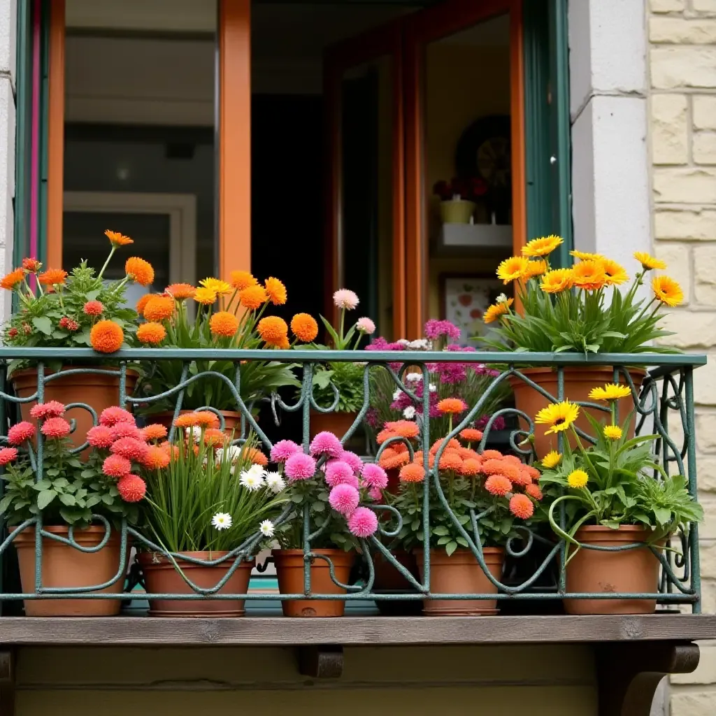 a photo of a colorful balcony shelf filled with vibrant flowers and garden tools