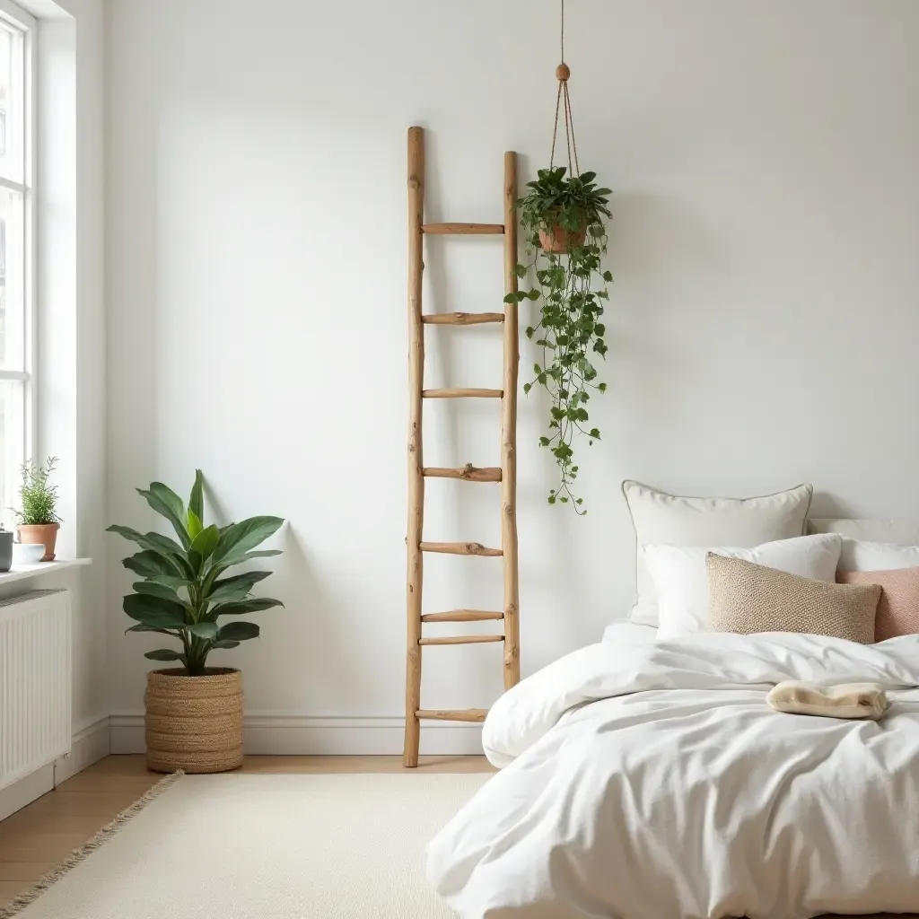 a photo of a bedroom with a plant ladder as a creative decor piece