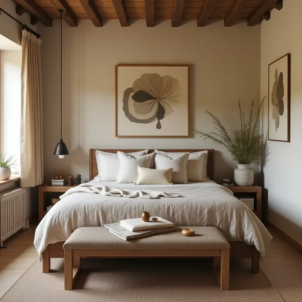 a photo of a charming bedroom with handmade pottery and rustic charm