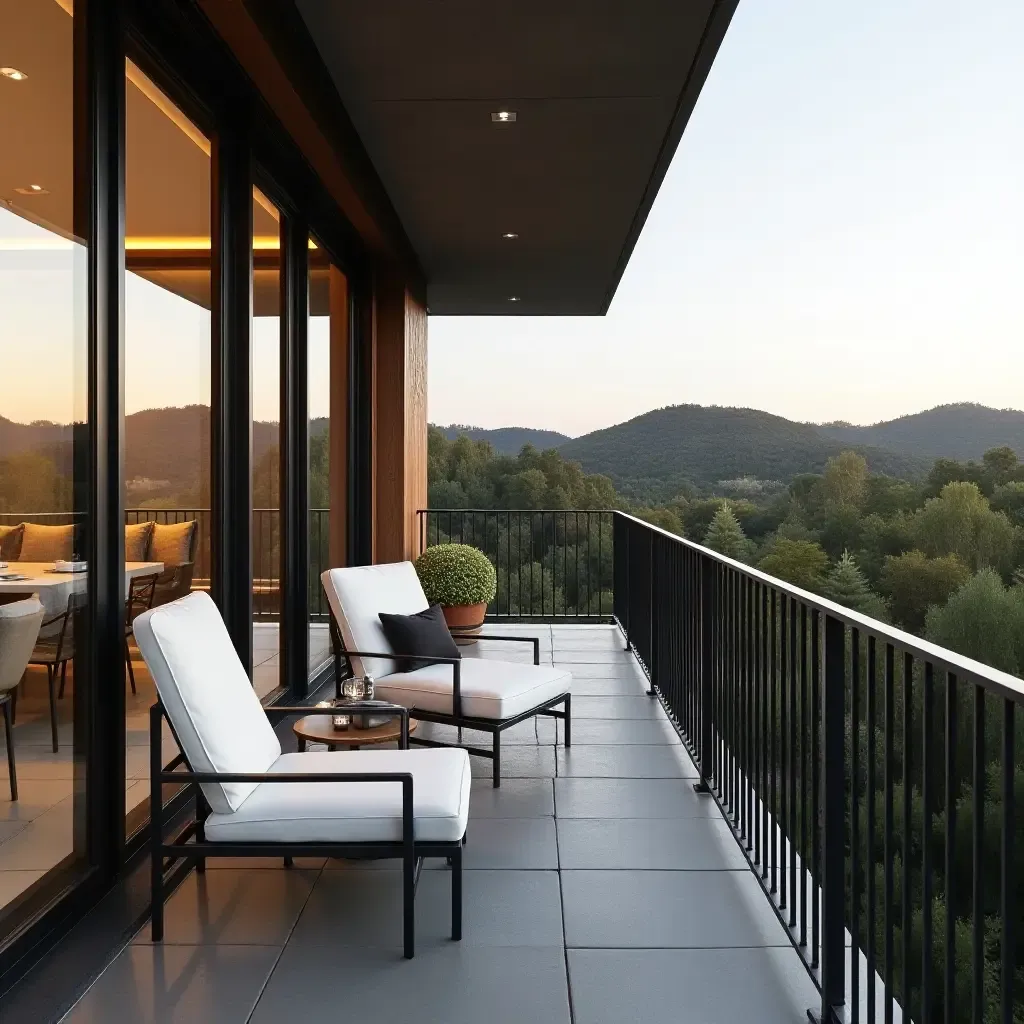 a photo of a stylish balcony featuring metallic railings and cushions