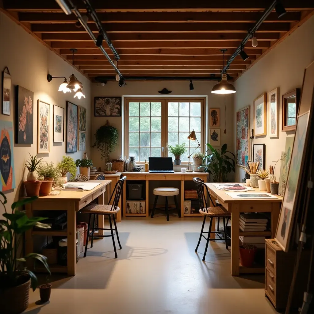 a photo of a creative basement art studio with versatile workspaces and storage