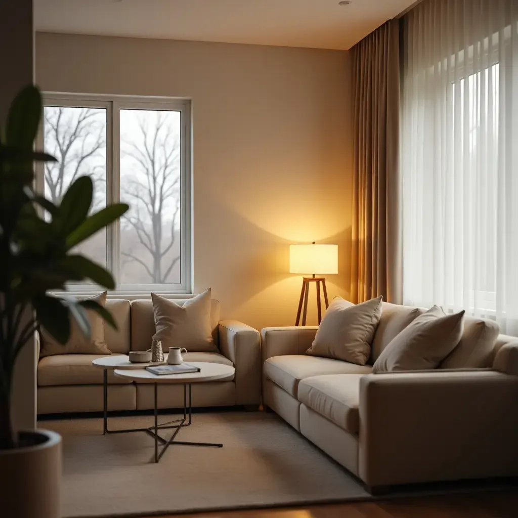 a photo of a small living room showcasing a modern table lamp