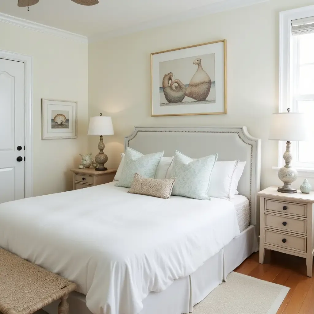 a photo of a serene bedroom decorated with seashells and coastal artwork