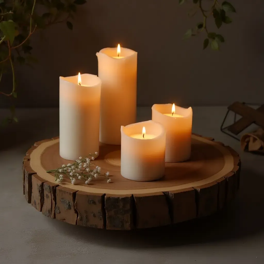 a photo of a rustic wooden coffee table adorned with candles