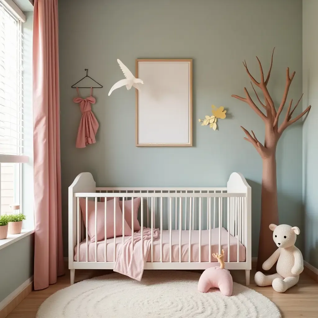 a photo of a nursery with a reading nook inspired by a fairytale theme