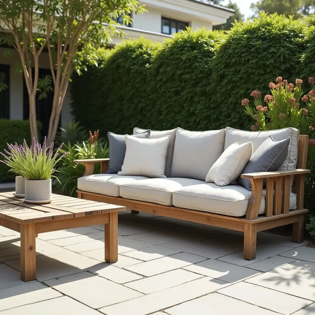 a photo of a patio with a rustic wooden bench and cushions