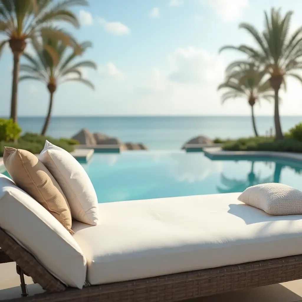 a photo of a luxurious sunbed with plush pillows and a pool view