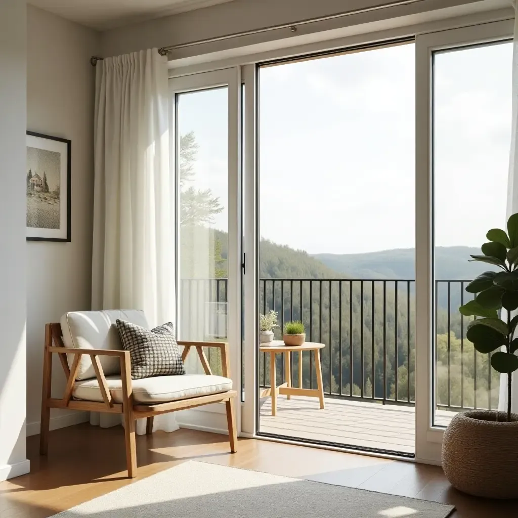 a photo of a light-filled balcony featuring Scandinavian design principles like simplicity and functionality