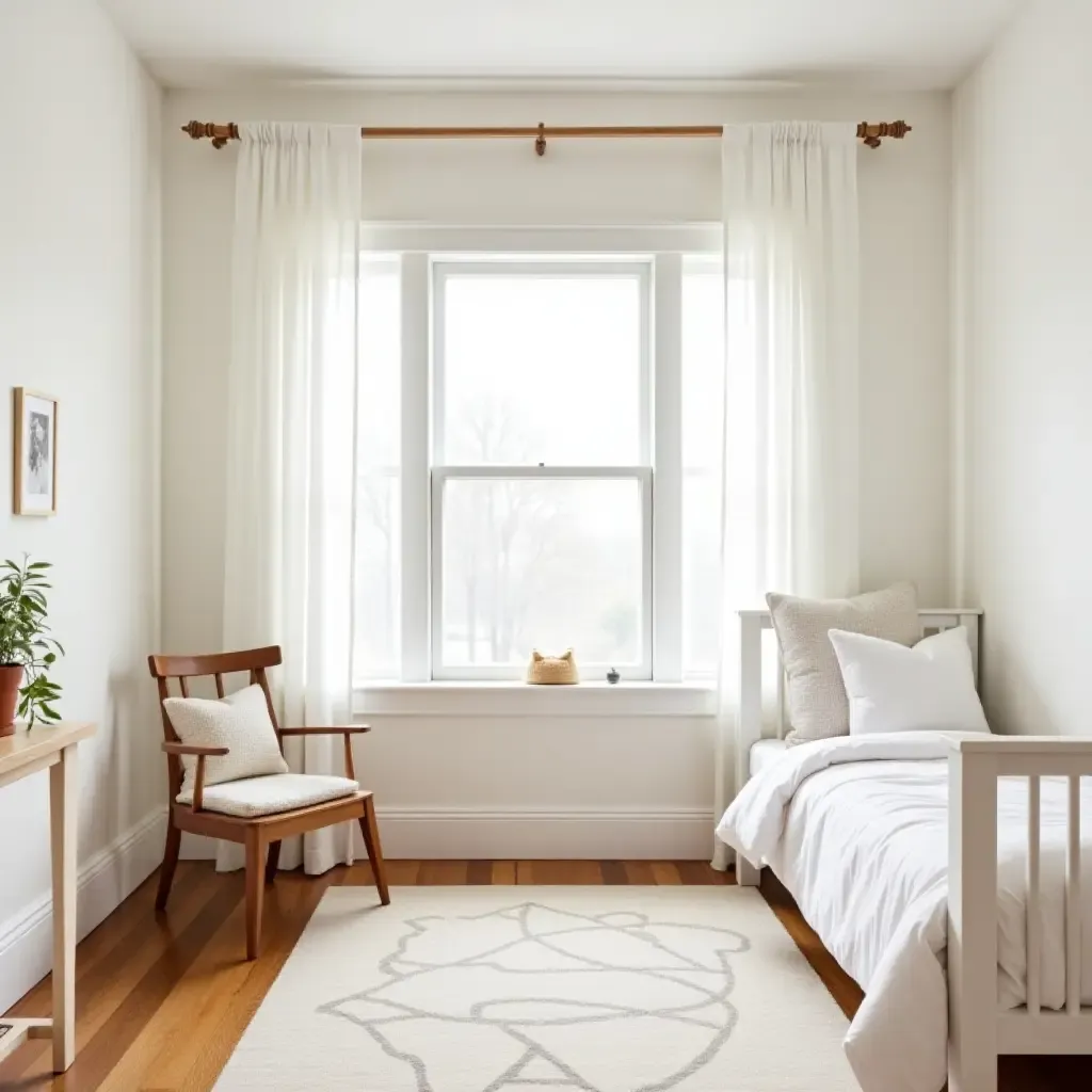 a photo of a bright and airy kids&#x27; bedroom with farmhouse-inspired furniture