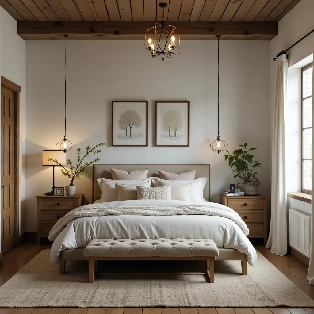 a photo of a modern rustic bedroom with a plush bed and vintage-inspired decor